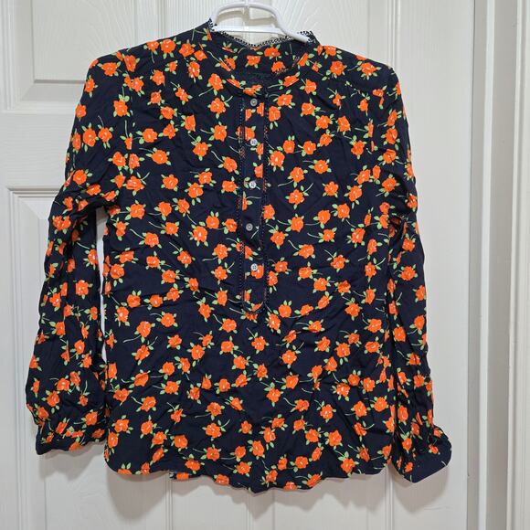 J crew top womens size xs blue orange popover in poppy fields blouse - Picture 7 of 7